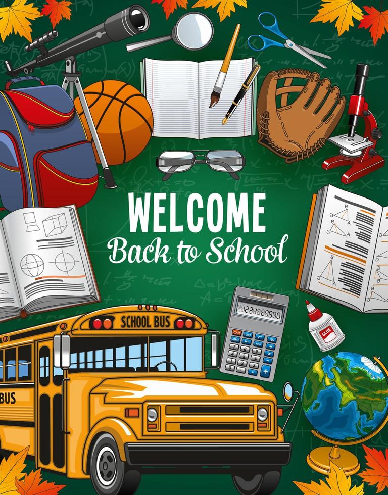 Back welcome to school invitation and study tools vector