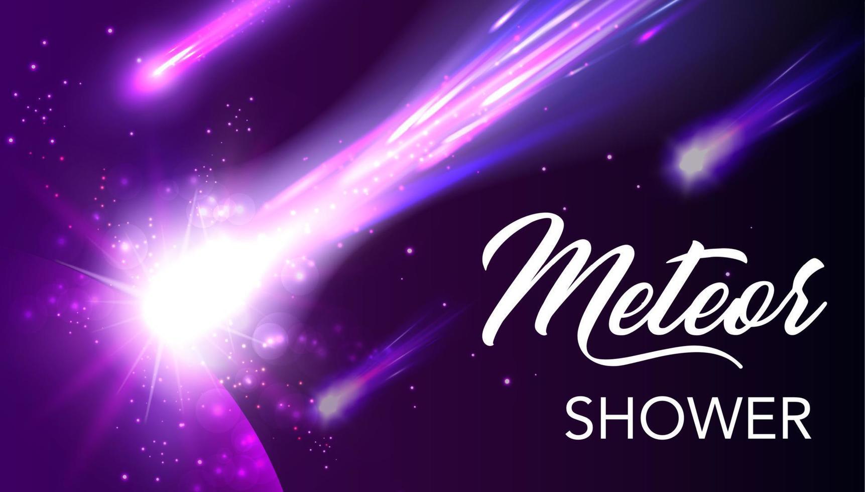 Meteors and comets falling with neon purple trails vector