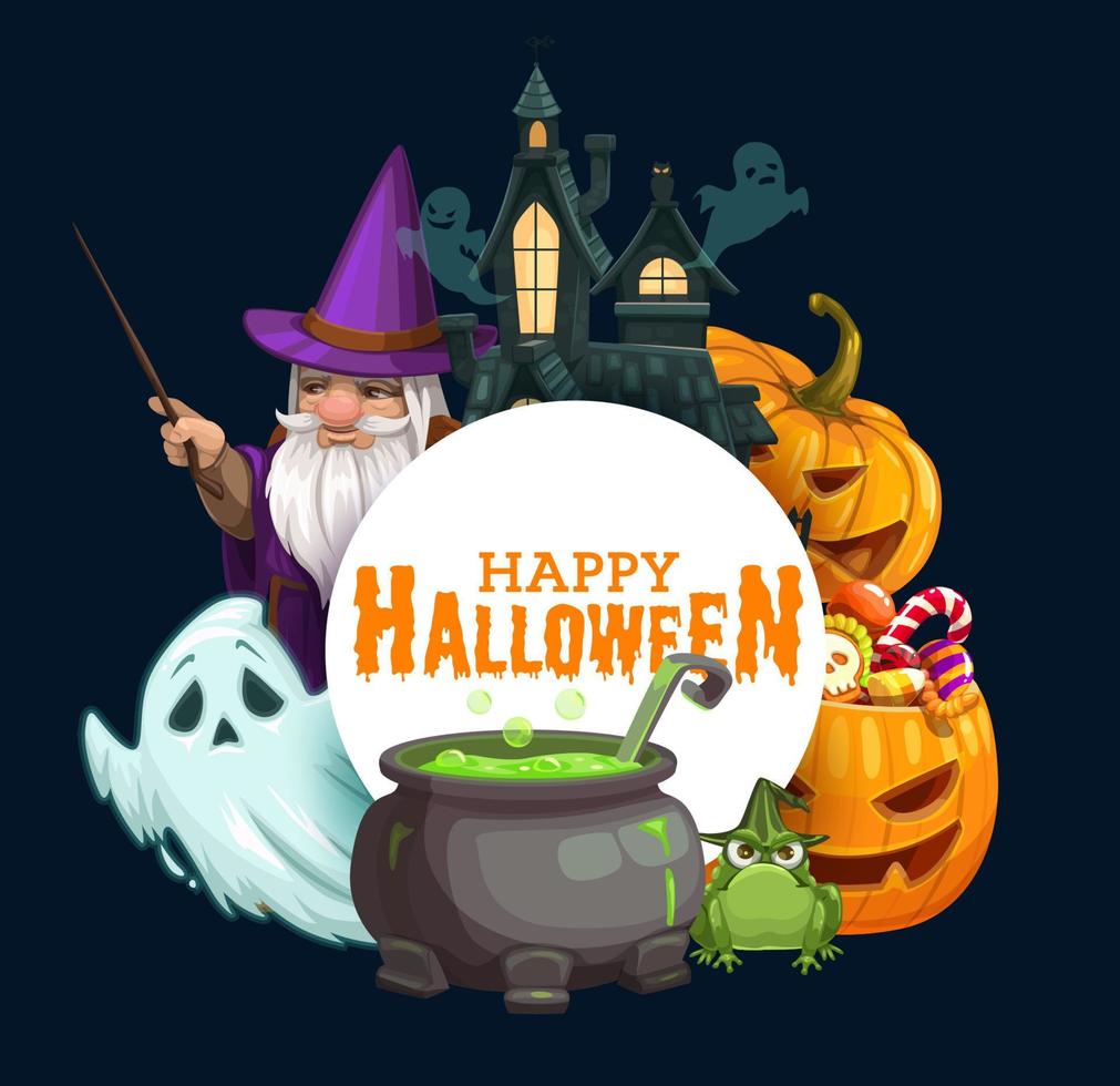 Halloween pumpkins with candies, ghosts, wizard vector