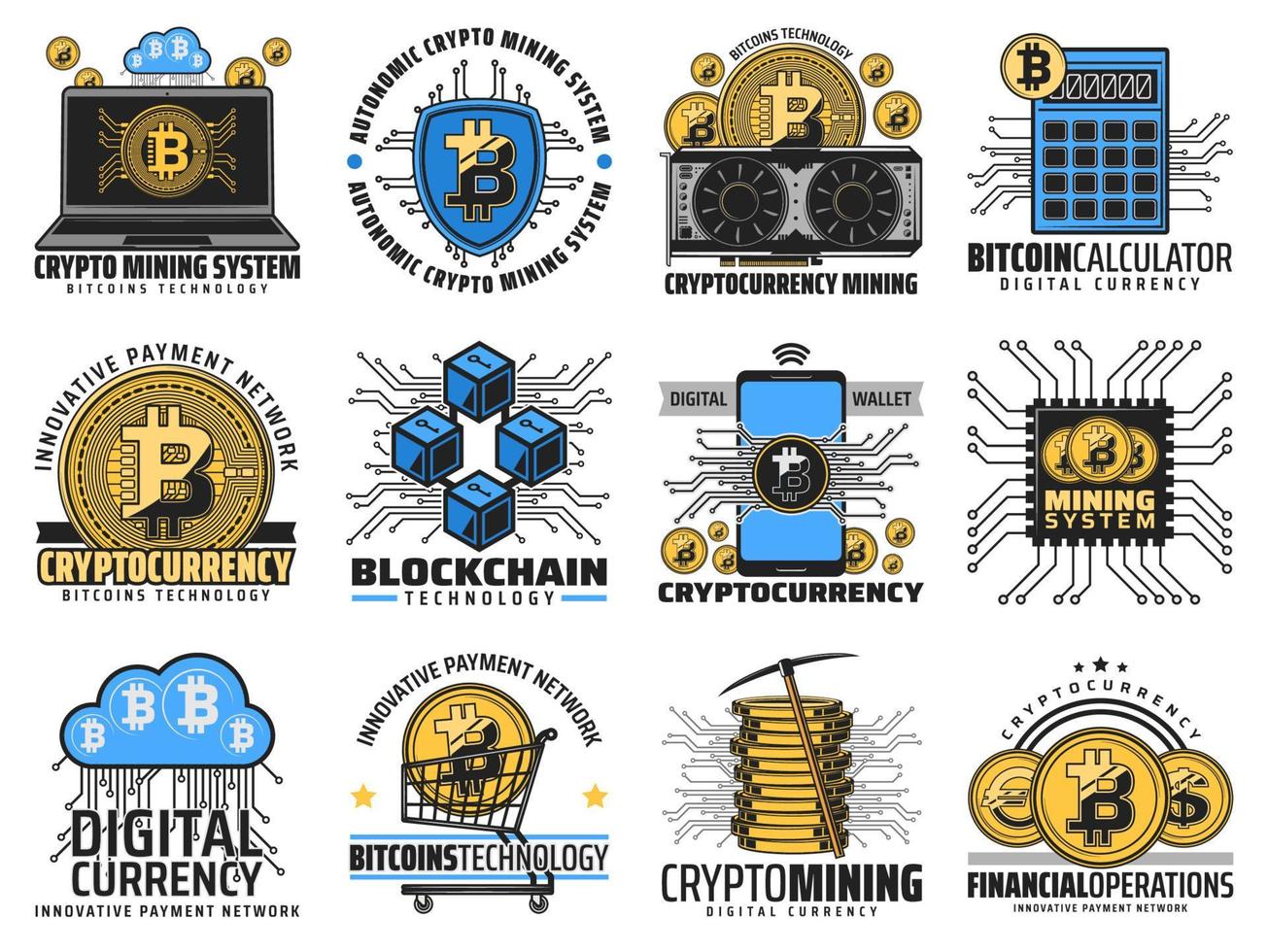 Cryptocurrency blockchain, digital bitcoin mining vector