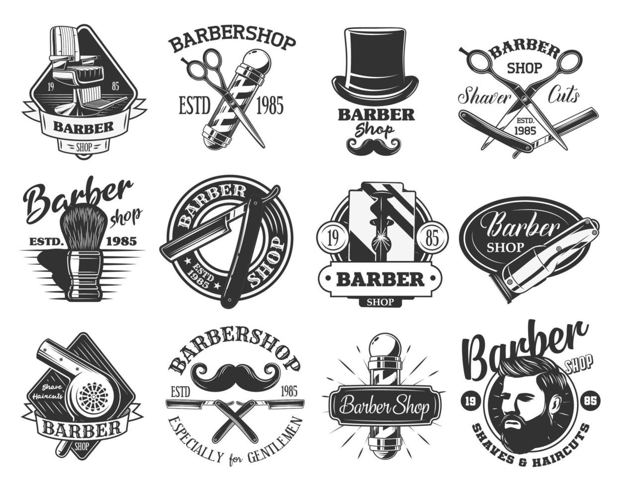 Barbershop pole, razor, scissors retro icons vector