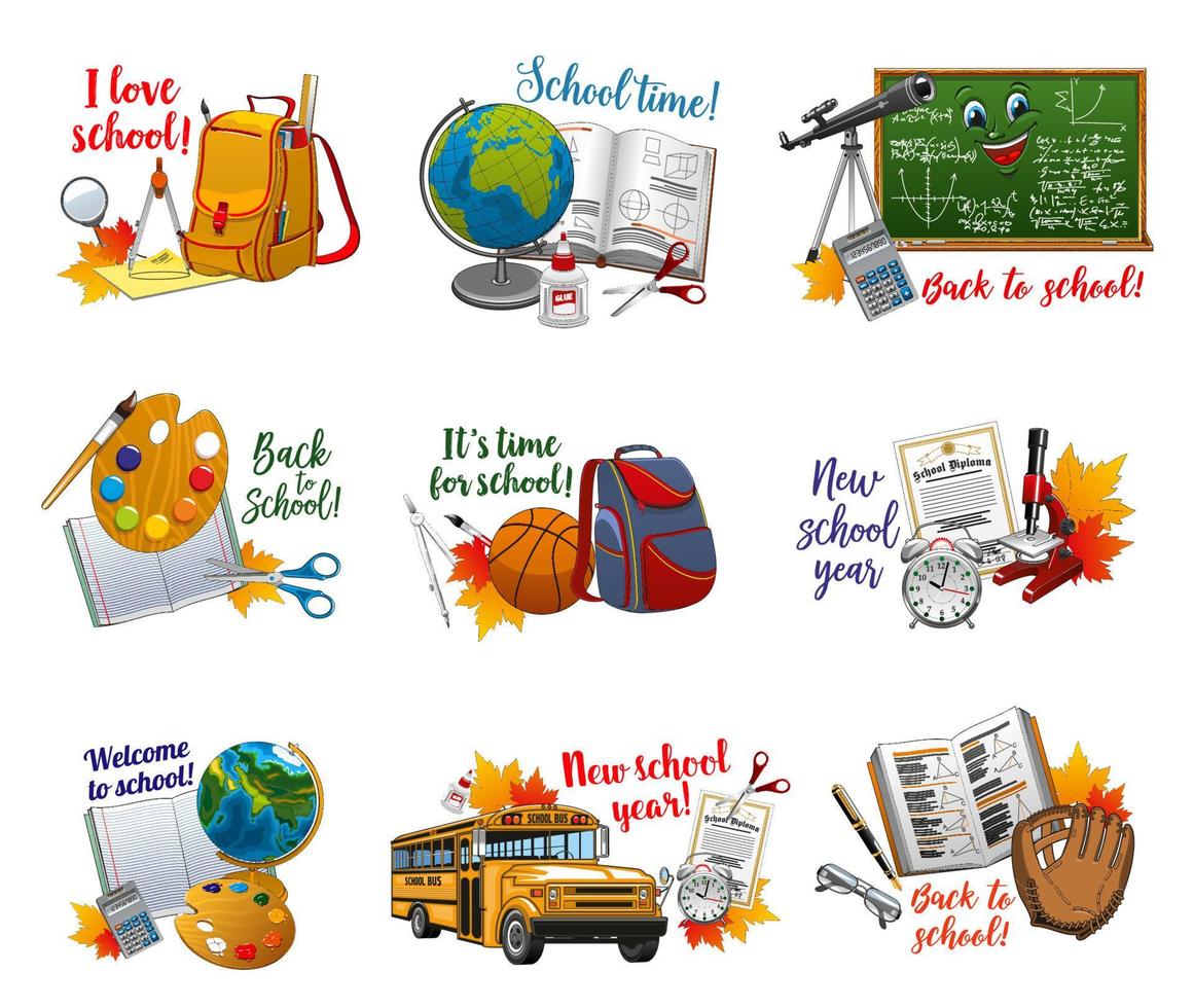 Welcome to school logos, educational stationery vector