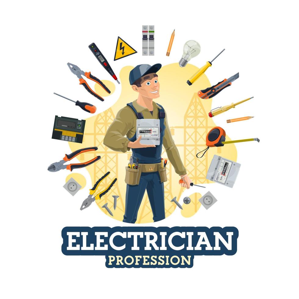 trabajador de servicio eléctrico y herramientas de electricista vector