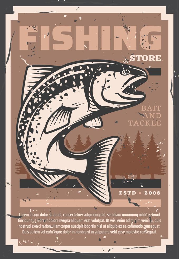 Fishing store, salmon fish catch tackles and lures vector