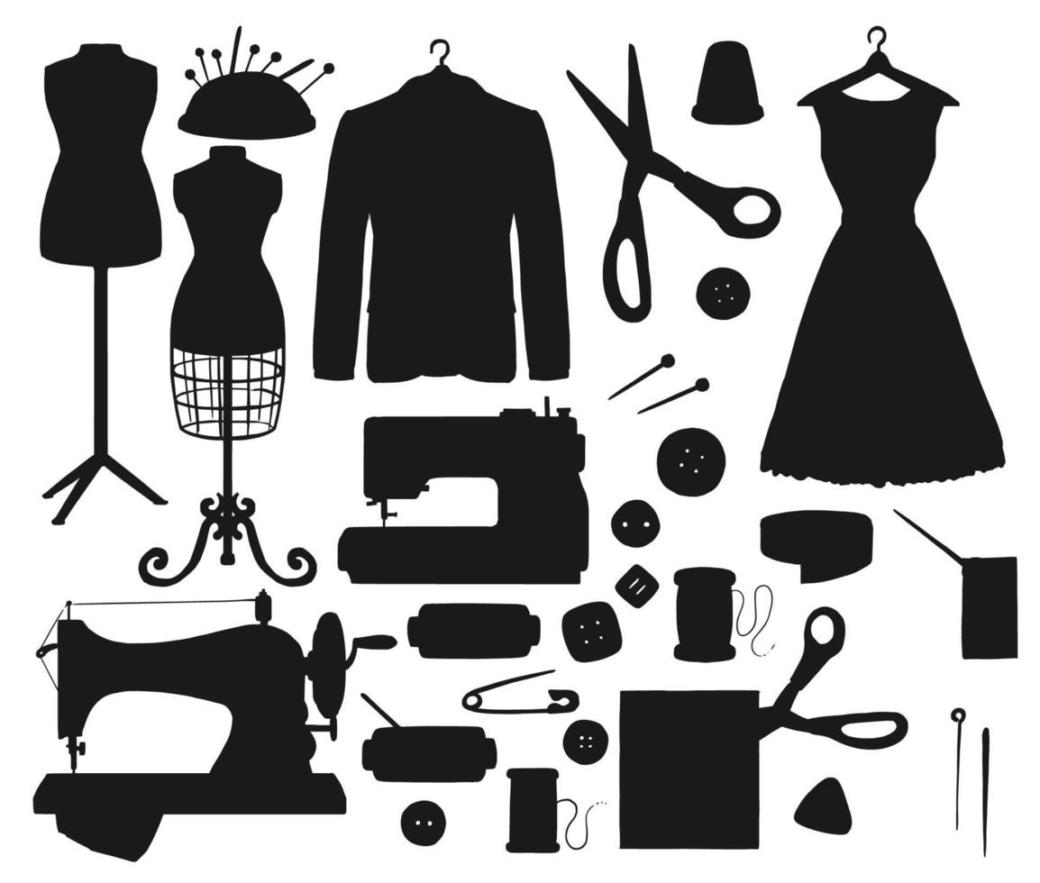 Sewing tool and tailor shop equipment silhouettes vector