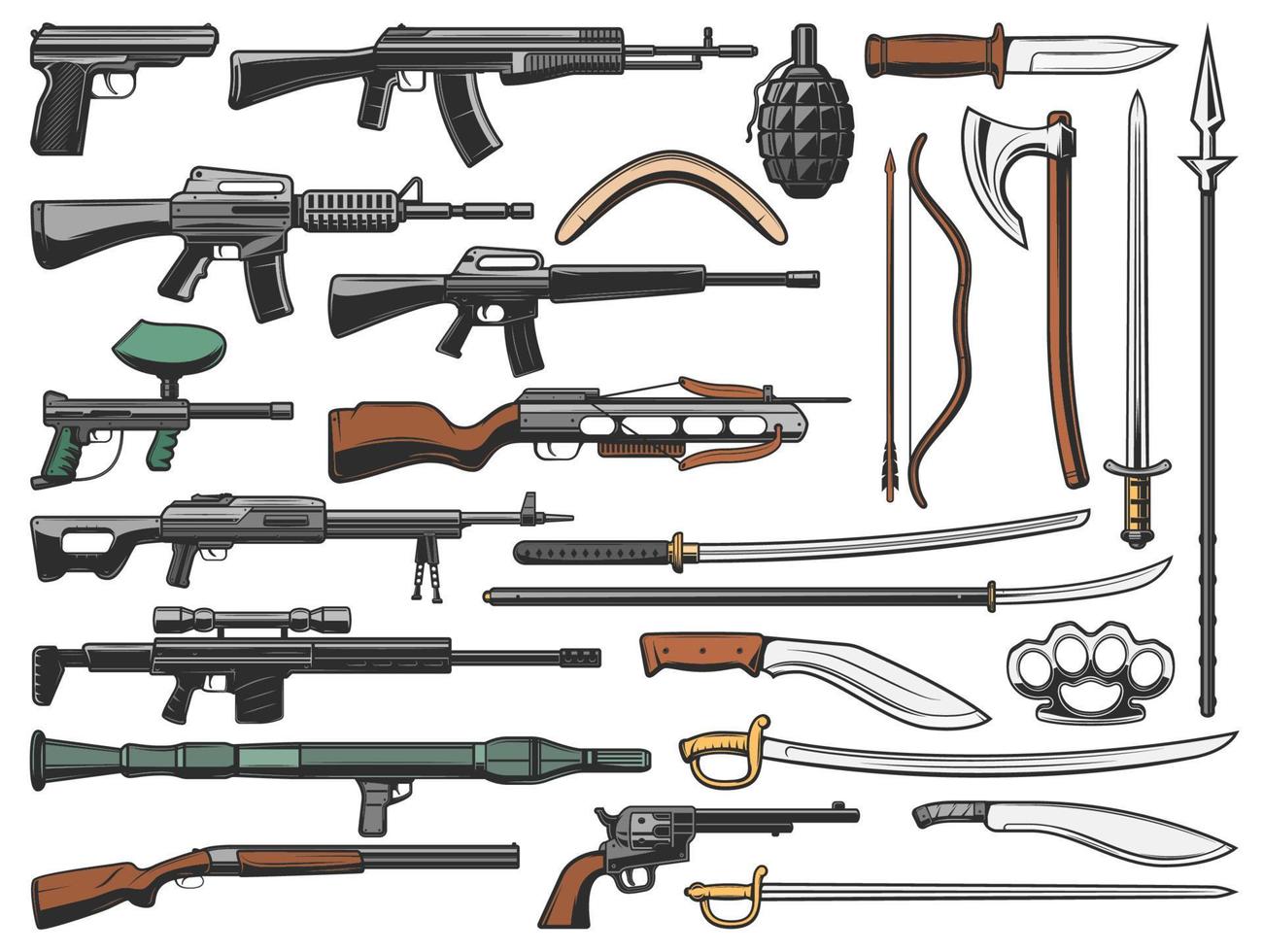 Weapon, military ammunition and shotguns icons vector