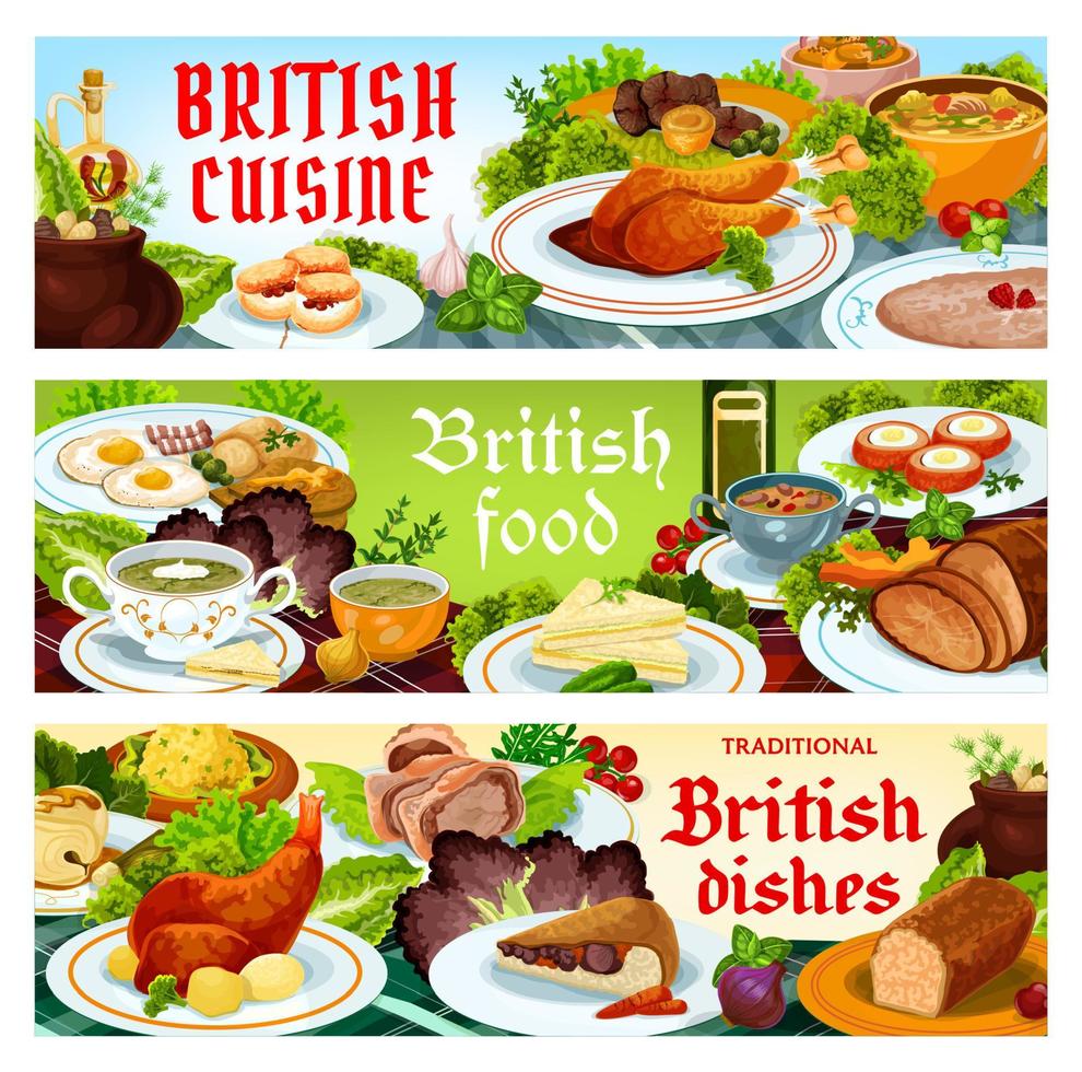 banderas de platos de comida inglesa de vector de cocina de gran bretaña