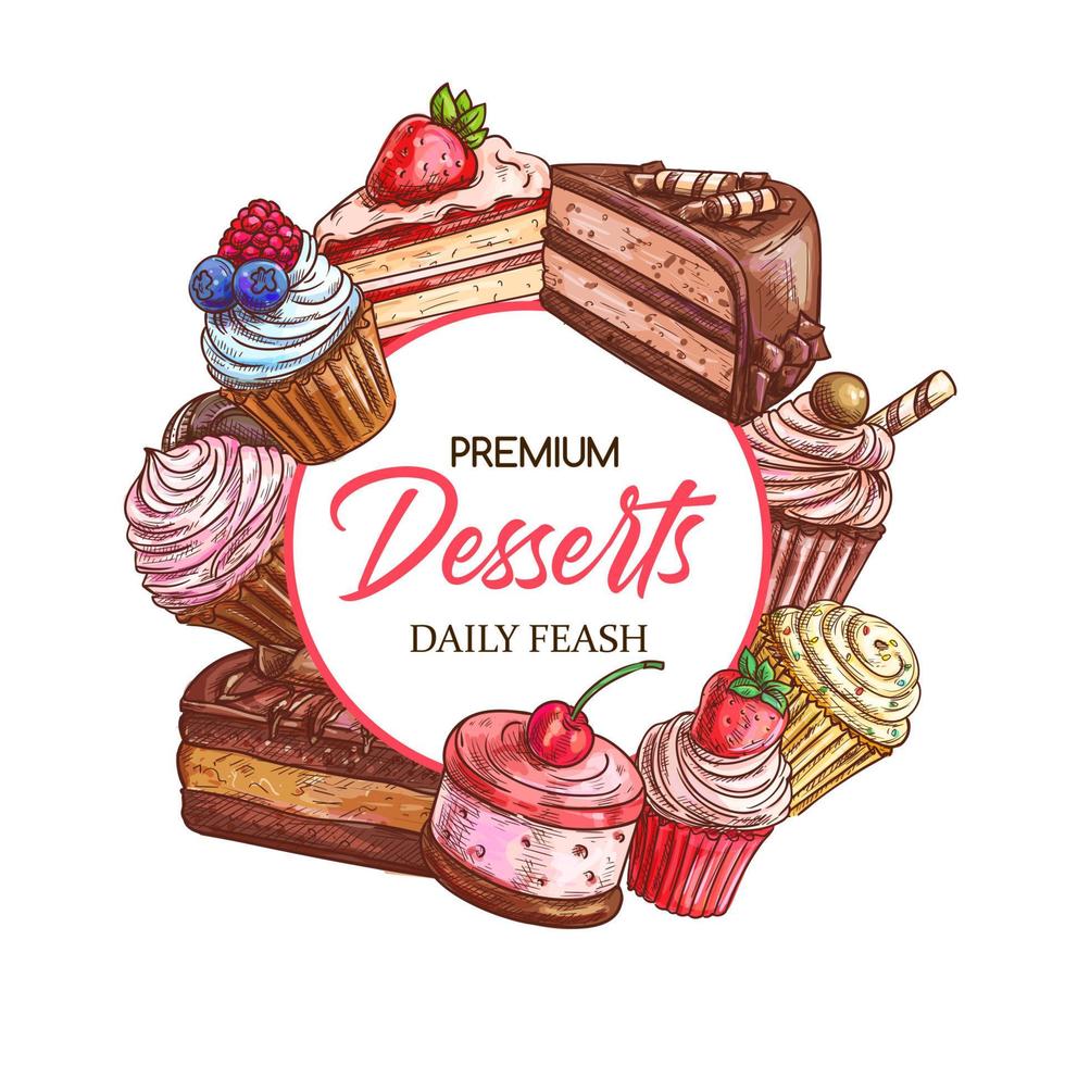 Sweet desserts, patisserie cakes and pastry shop vector