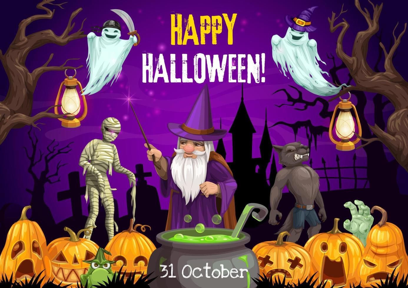 Halloween wizard, ghost, mummy and werewolf vector