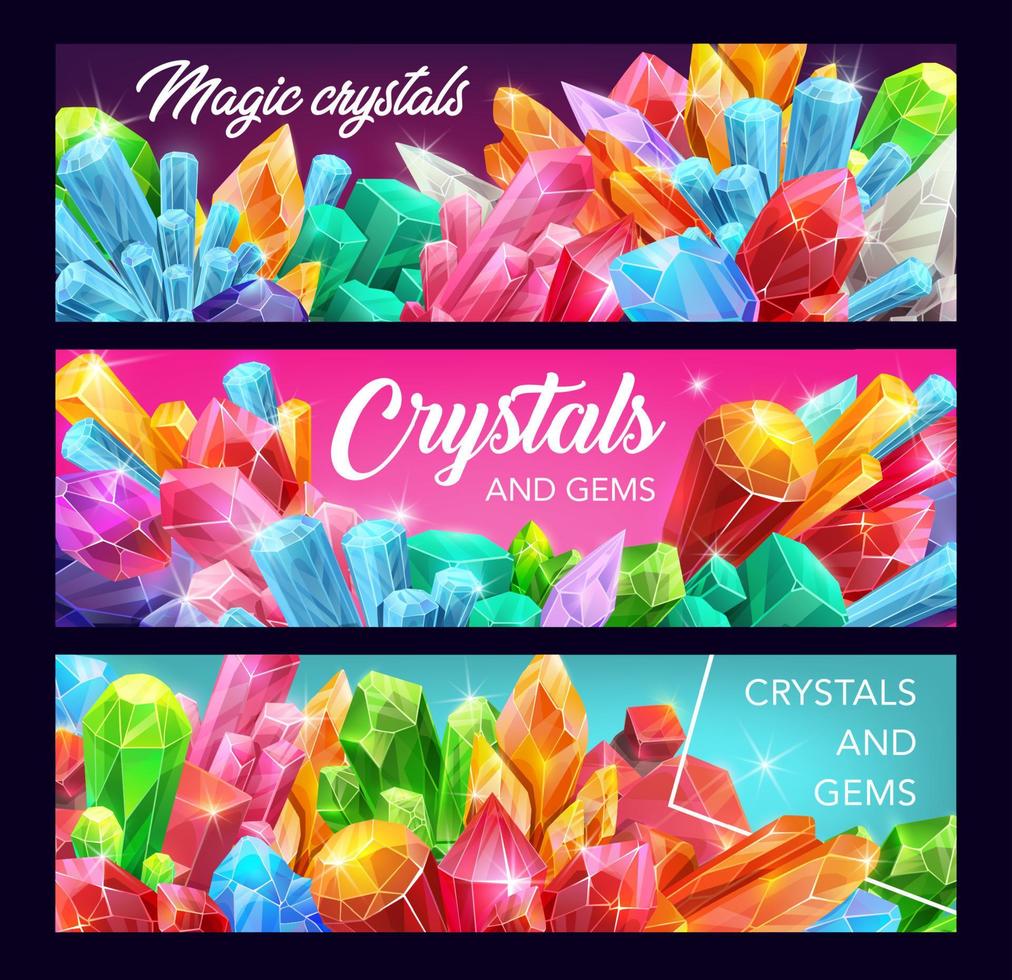 Magic crystals, presious gemstones and minerals vector