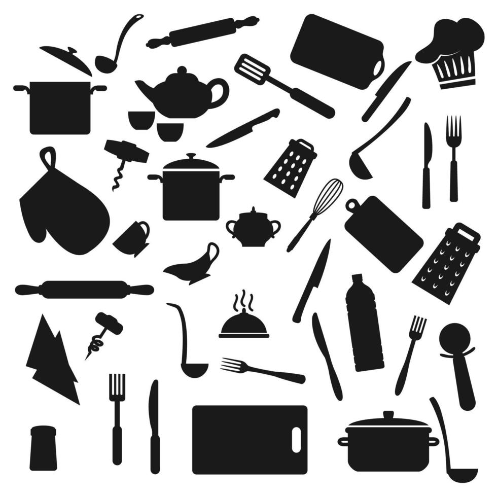 Kitchen utensil, kitchenware black silhouettes vector