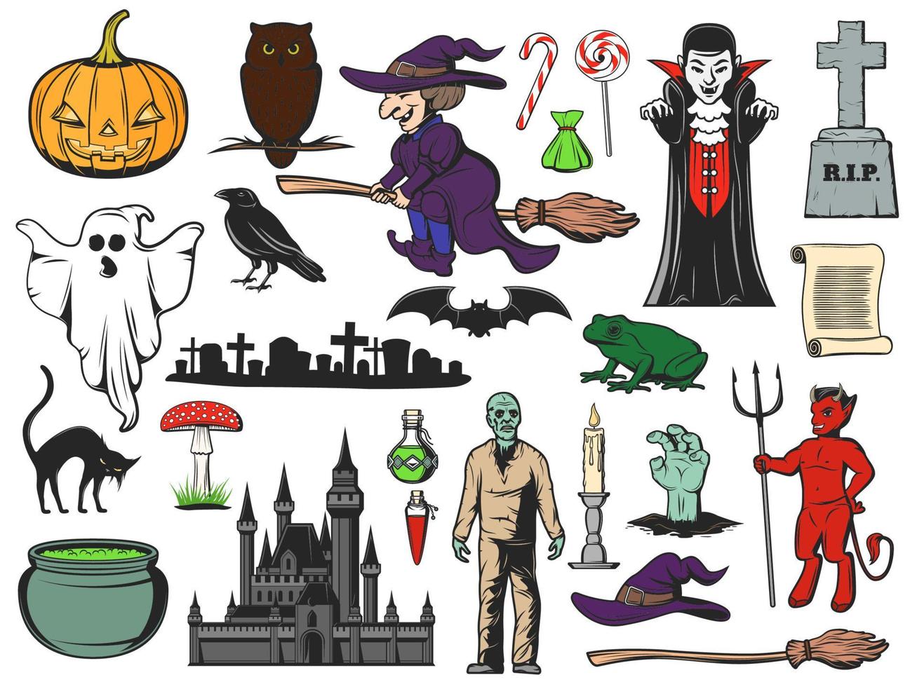 Halloween icons of ghost, witch, zombie, vampire vector