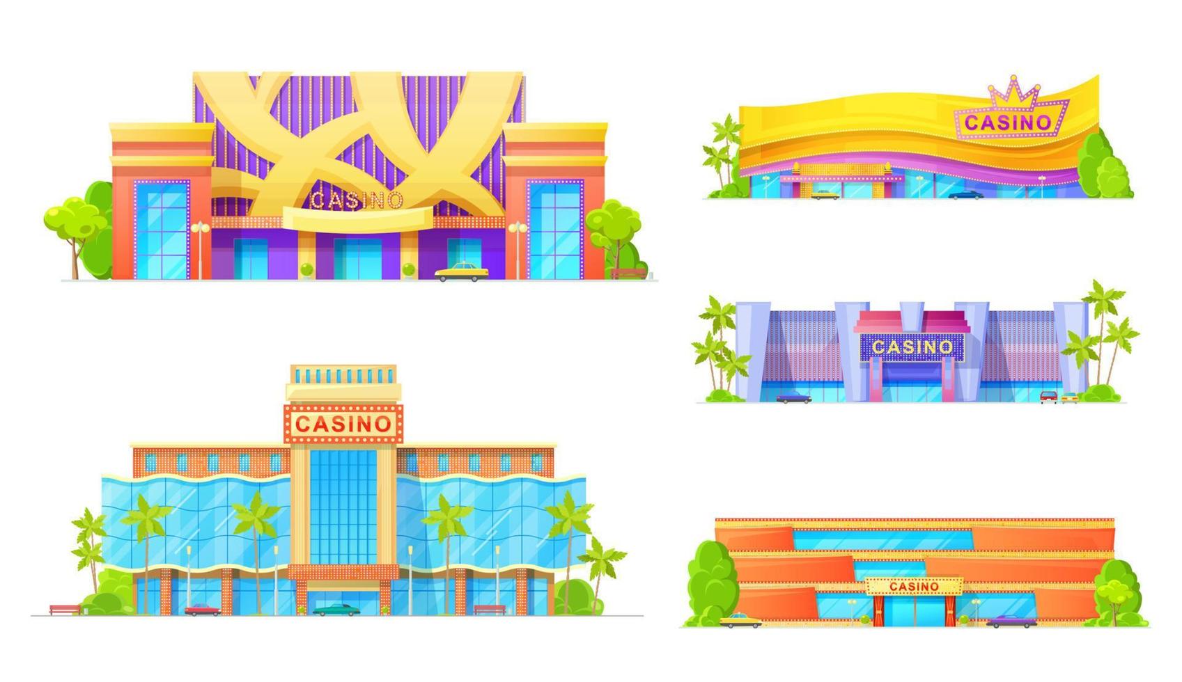 Gambling game houses, casino exterior facade icon vector