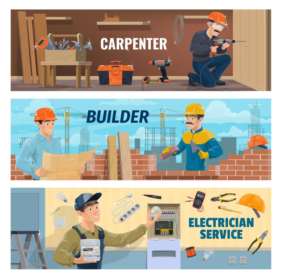 Carpenter, builder and electrician workers vector