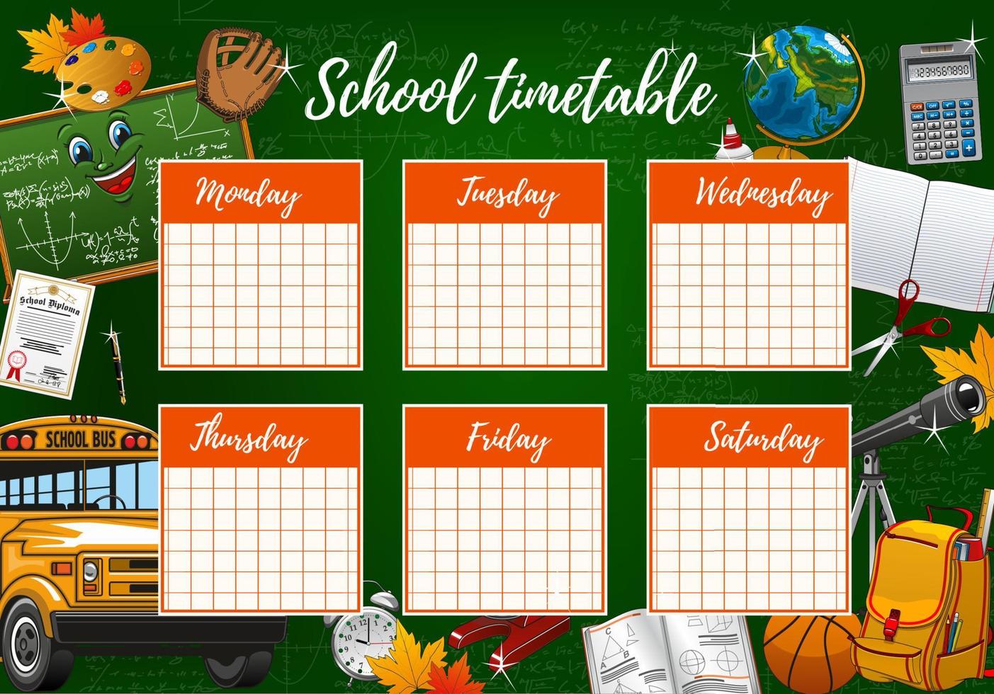 School timetable week schedule, study supplies vector