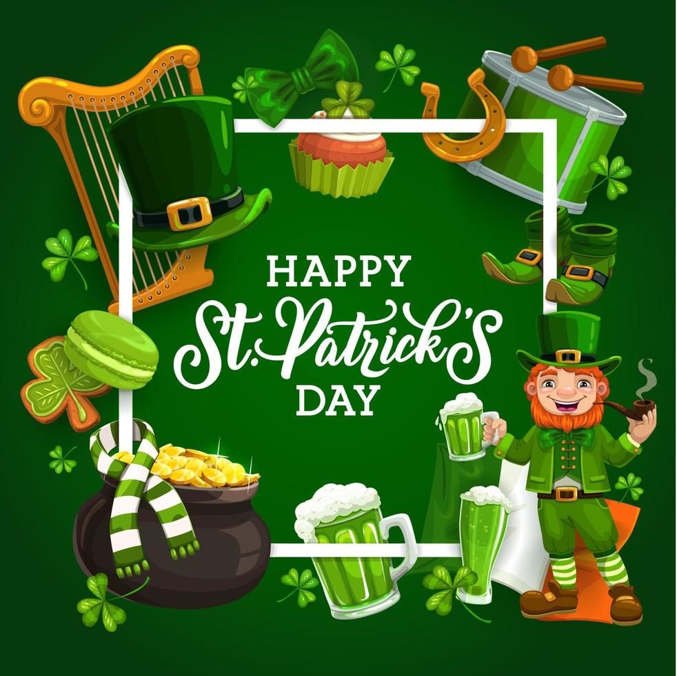 Frame of St. Patricks day symbols. Leprechaun gold vector