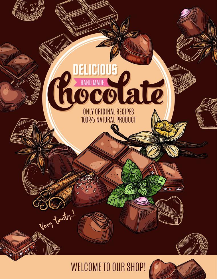 Chocolate candies and bars, mint, vanilla spices vector