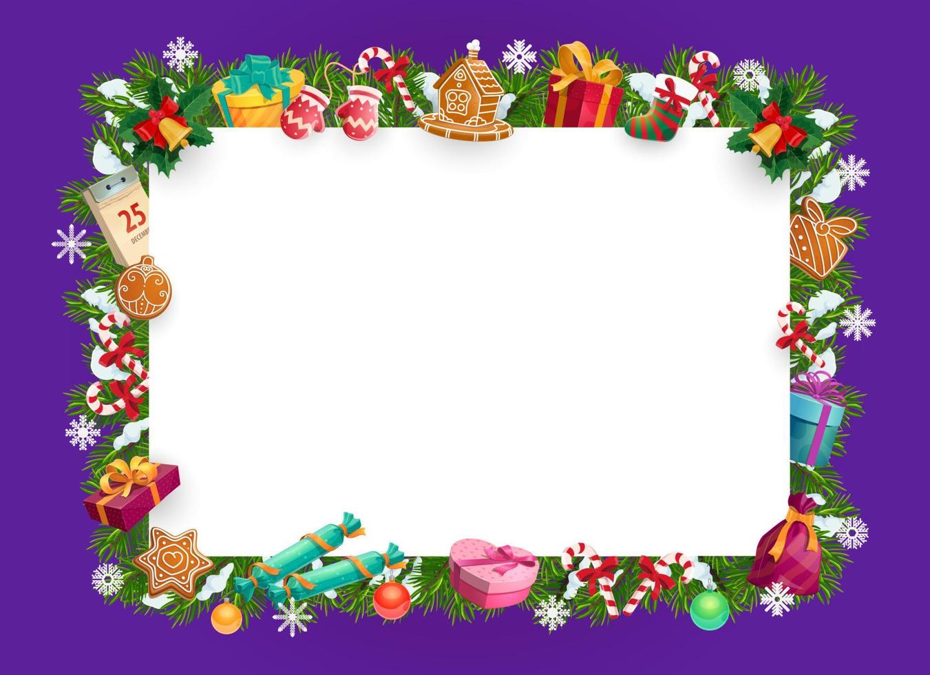 Christmas tree, gifts, presents wreath. Xmas frame vector