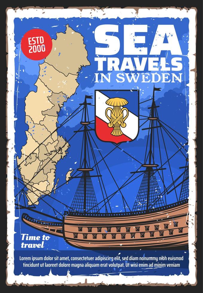 Swedish map and sailing ship. Sweden travel vector