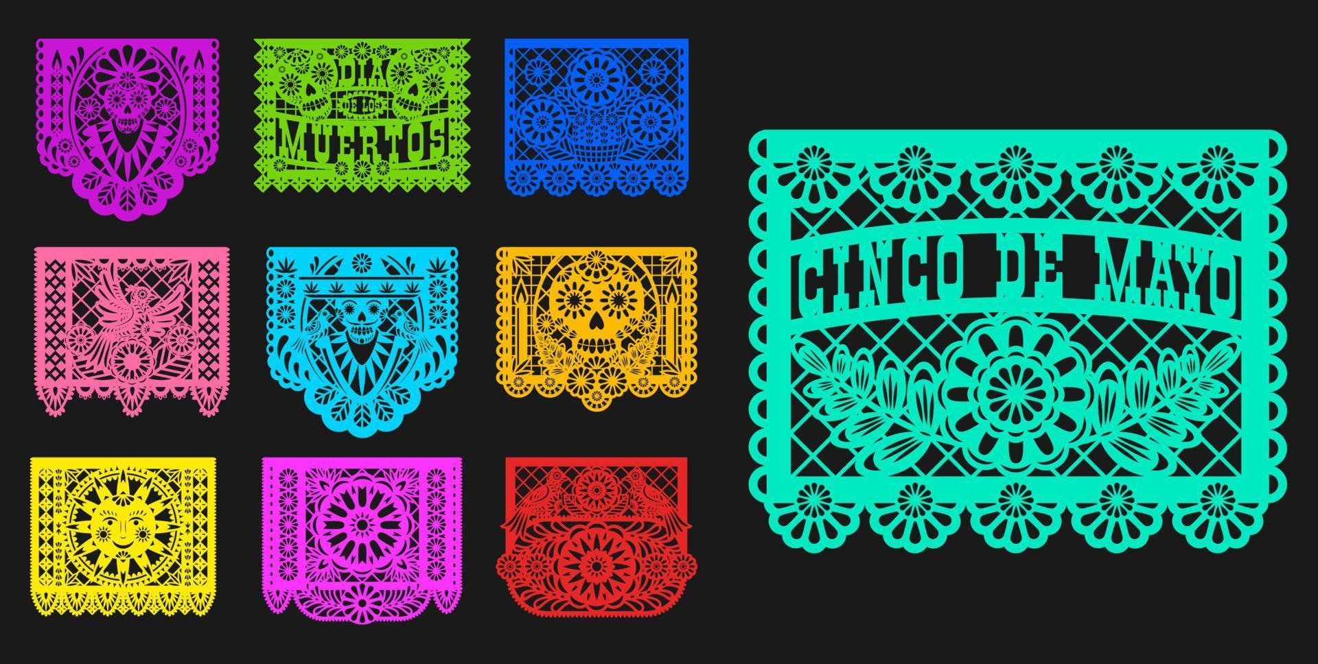 Mexican Day of Dead papel picado paper cut flags vector