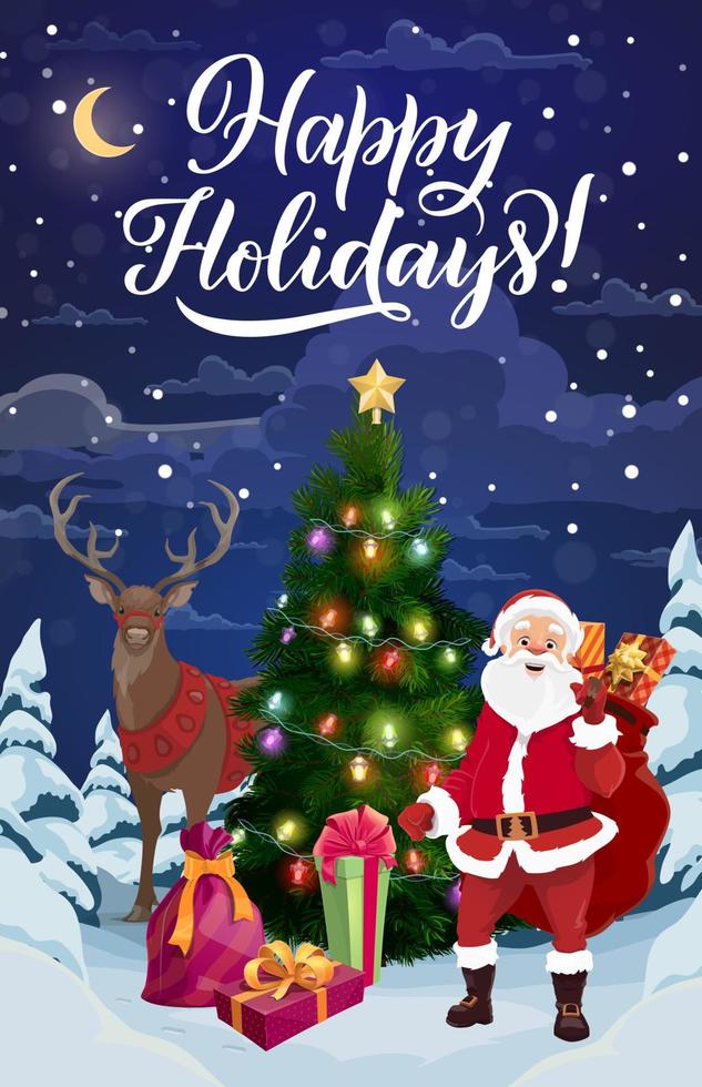 Christmas tree with Santa, deer and Xmas gifts vector