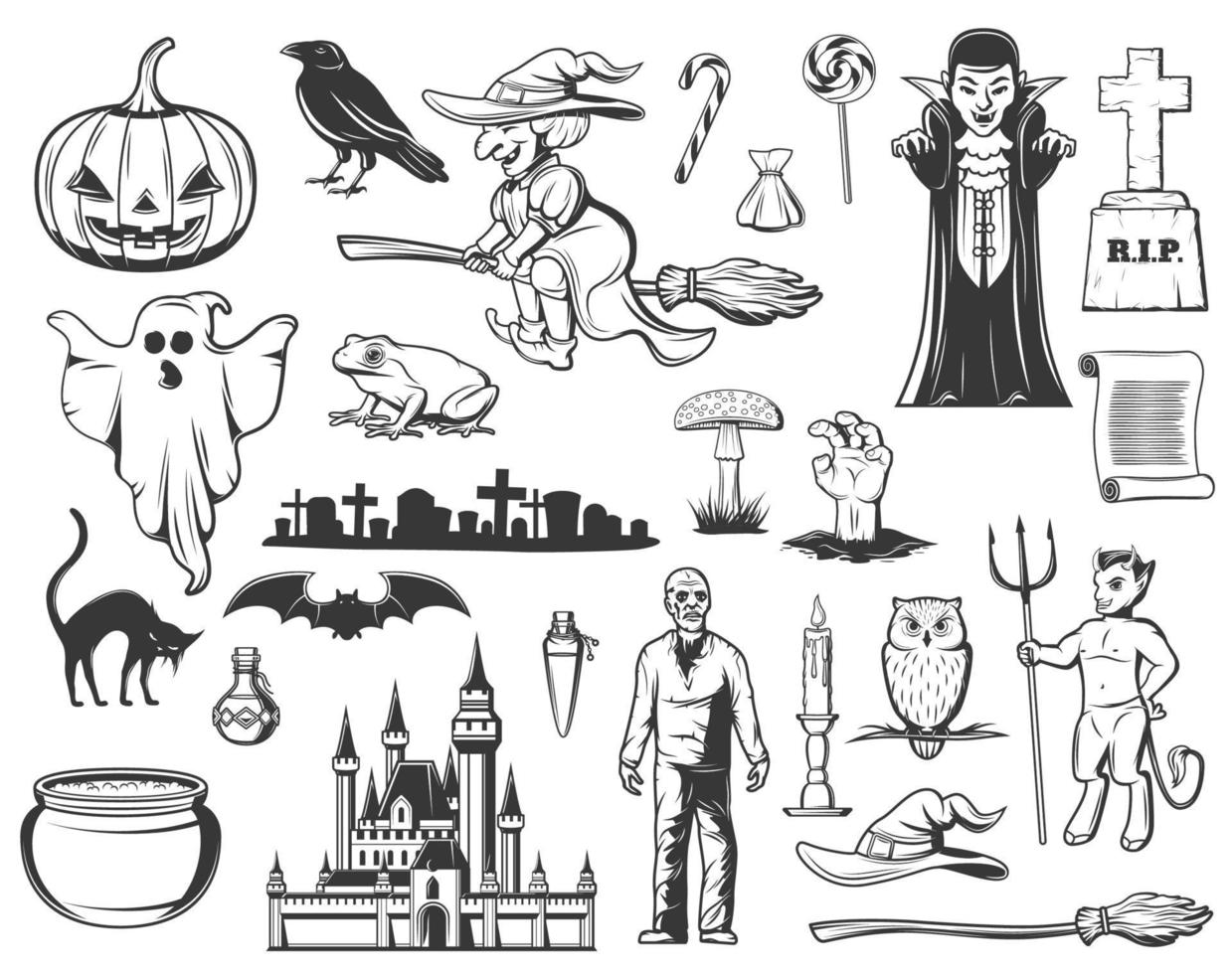 bruja de halloween, fantasma, calabaza. iconos de monstruos vector