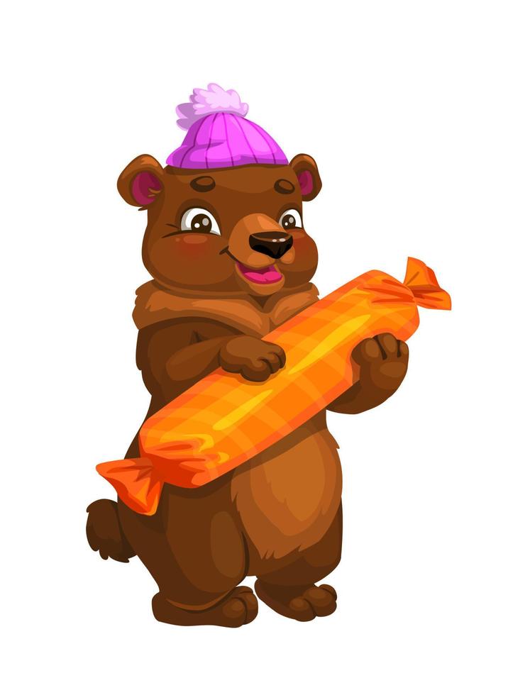 oso animal de dibujos animados con sombrero con dulces o regalo vector