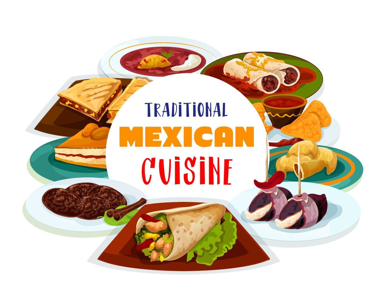 Traditional Mexican cuisine, Mexico meals menu vector