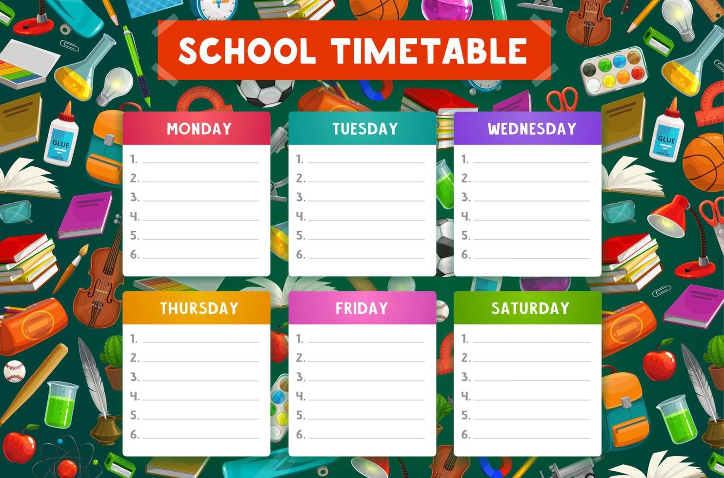 horario escolar, libro de estudiante, cuaderno, lápiz vector