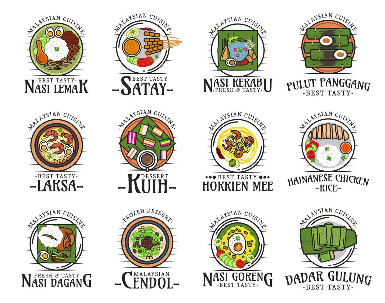 Food of Malaysia, malaysian cuisine dishes logos vector