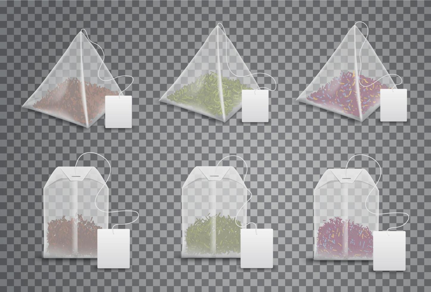 Realistic 3D tea bags, teabags template mockups vector