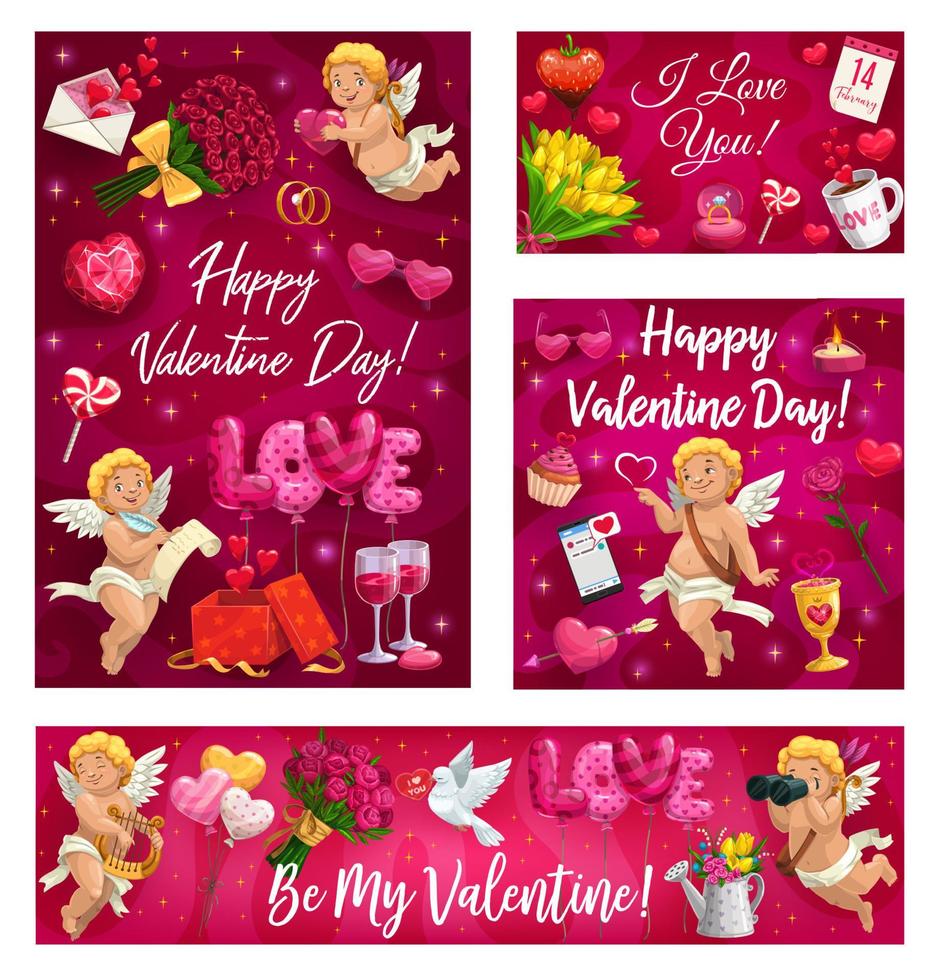 cupidos del día de san valentín con saludos, regalos vector