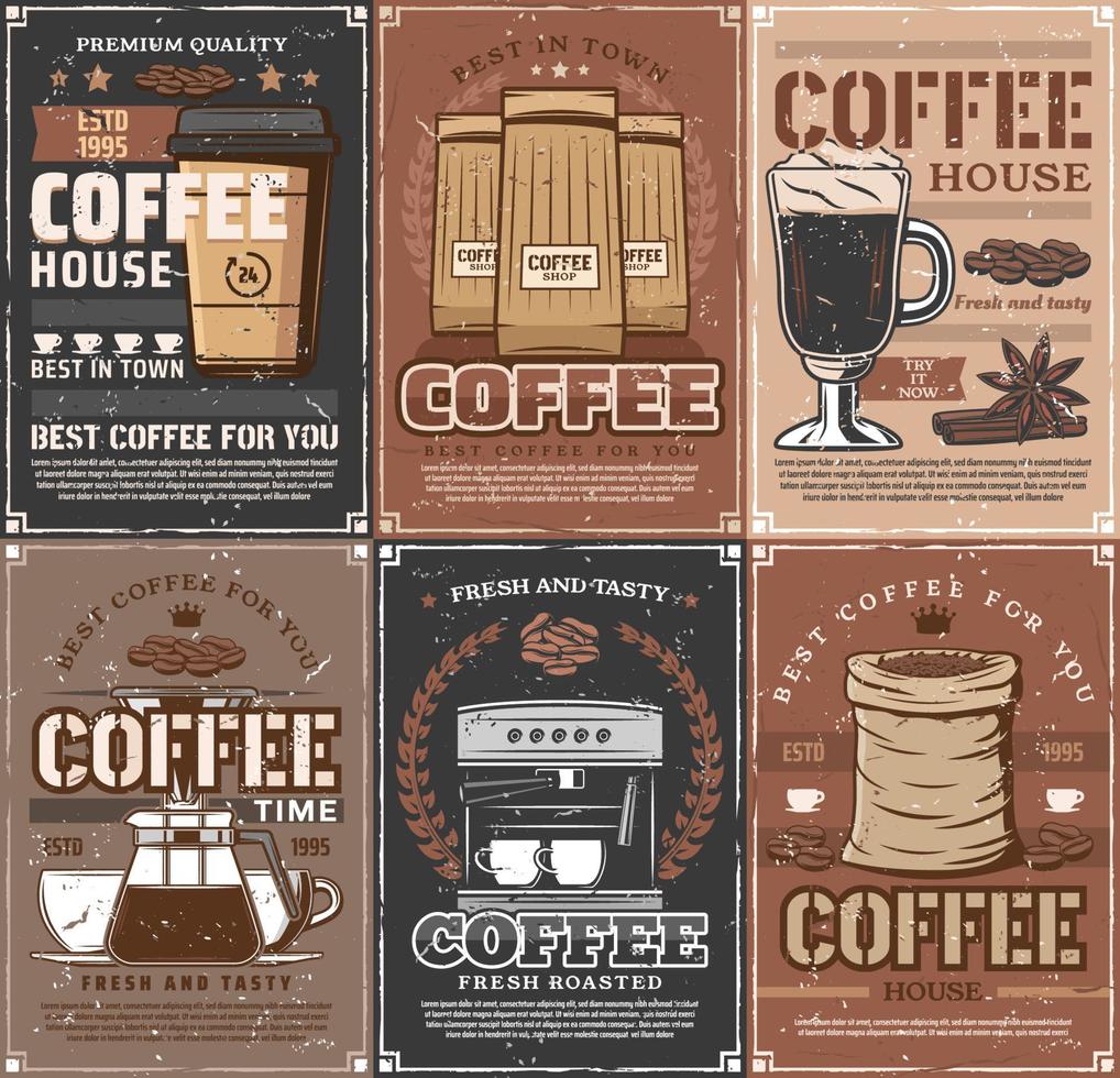 Coffee cups, pot, espresso machine, roasted beans vector