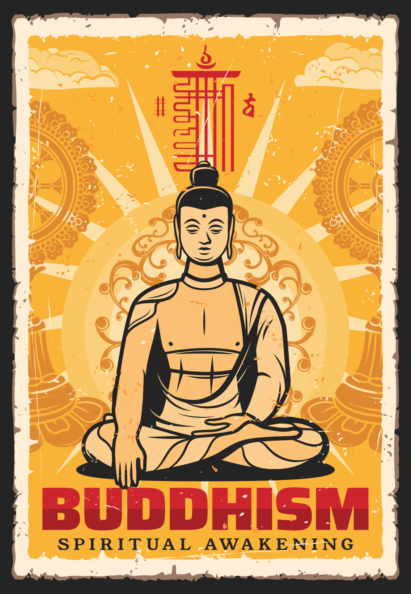 Buddhism religion spiritual awakening retro poster 16544179 Vector Art ...