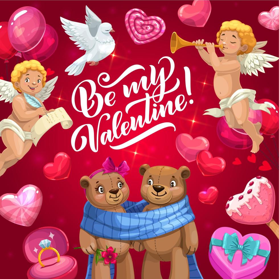 corazones de amor, cupidos y pareja de osos. día de San Valentín vector