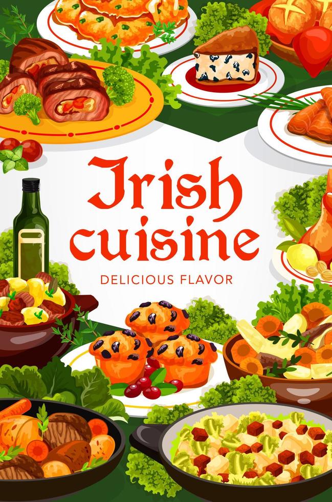 Irish cuisine stew of vegetable, meat with dessert vector