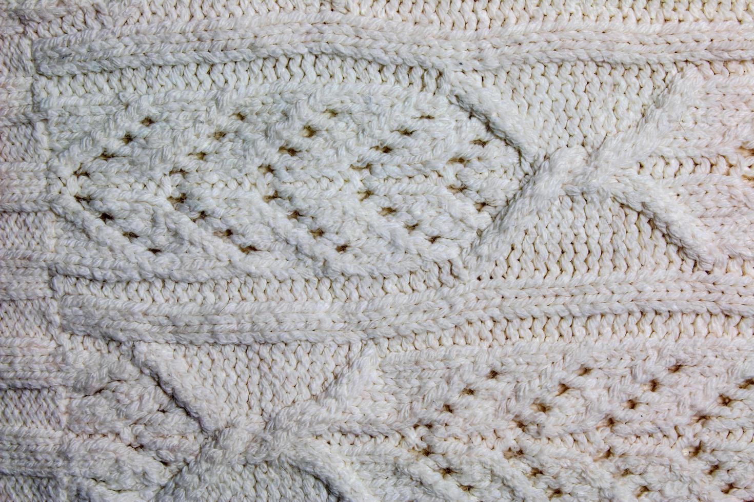 The texture of a large knit sweater or scarf. Knitted background with a relief pattern. Wool hand or machine knitting. Fabric background. photo