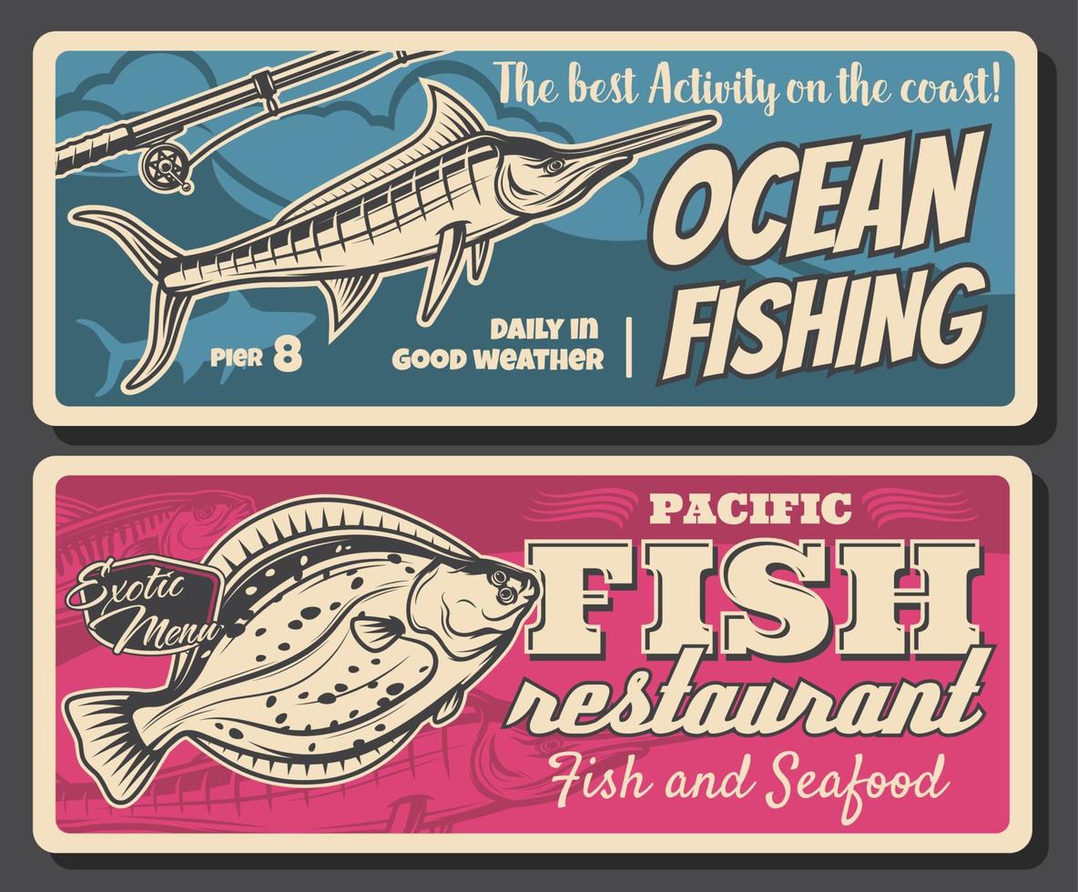 Marlin and flouder fish with fishing rod and reel vector