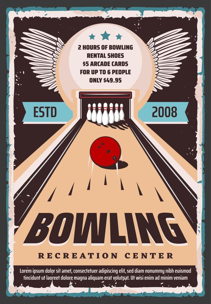 Bowling recreation center, shoes and lane rental vector