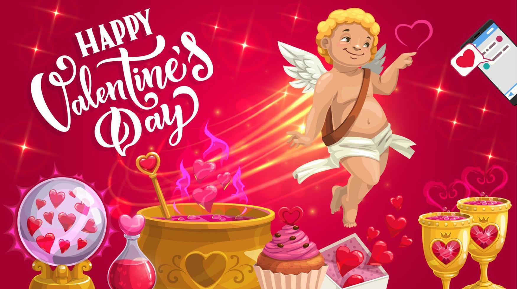 Cupid with love potion, red hearts, chocolate cake vector