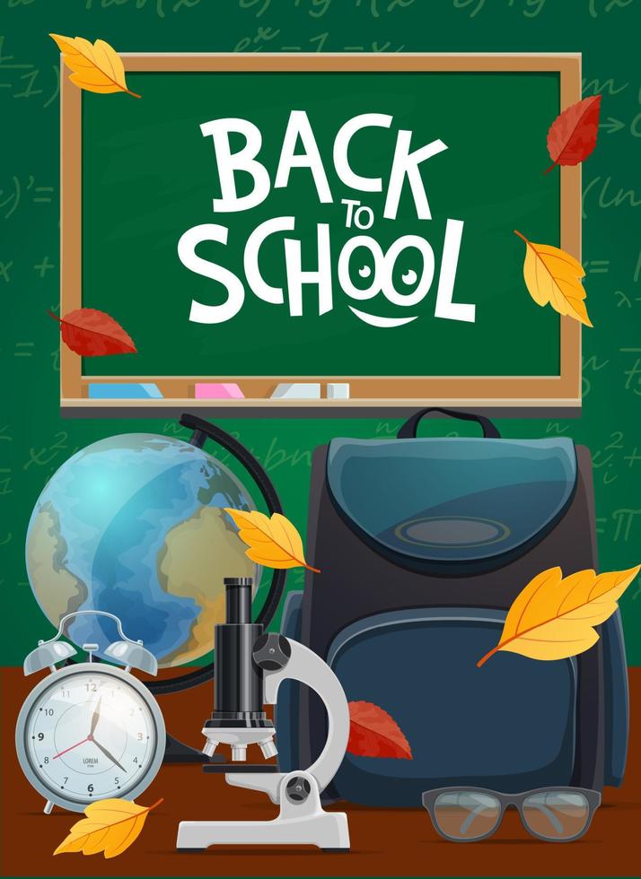 Back to school student bag, microscope, chalkboard vector