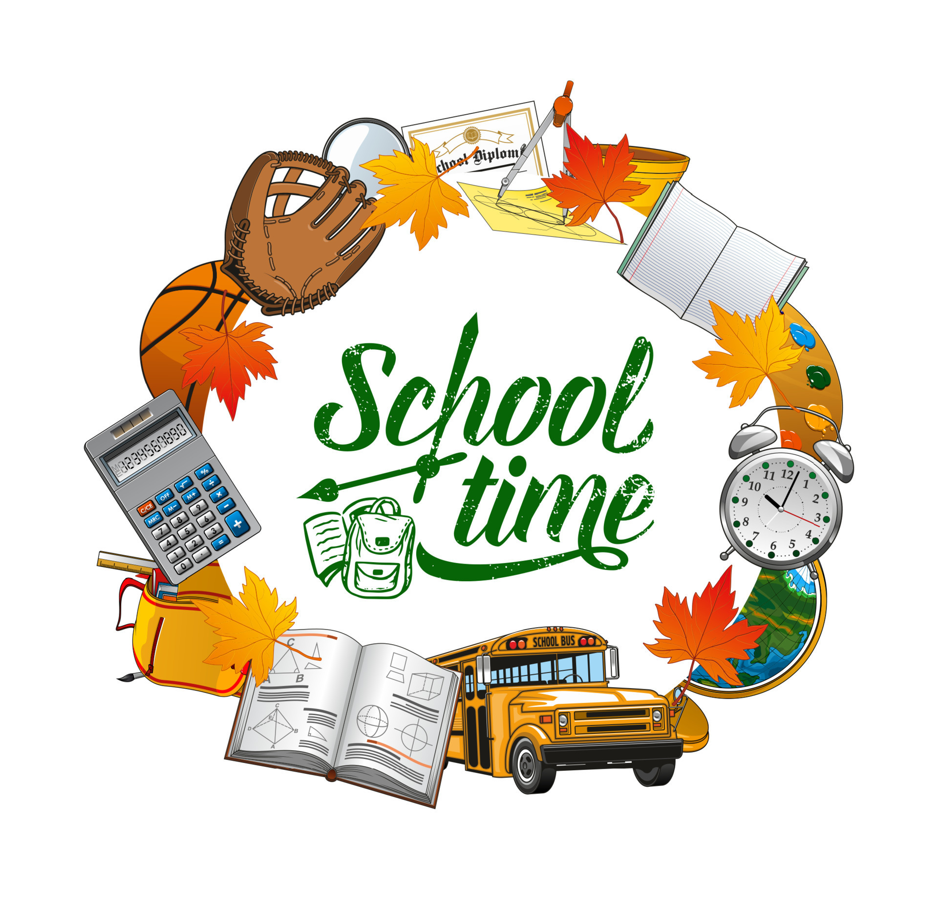 School Time Frame Of Stationery Bus And Textbook 16544352 Vector Art school-time-frame-of-stationery-bus-and-textbook-16544352-vector-art