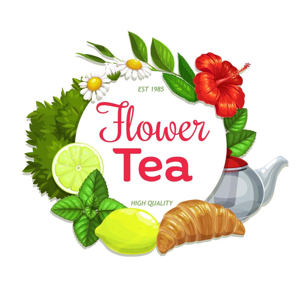 té de hierbas y flores con frutas y croissant vector