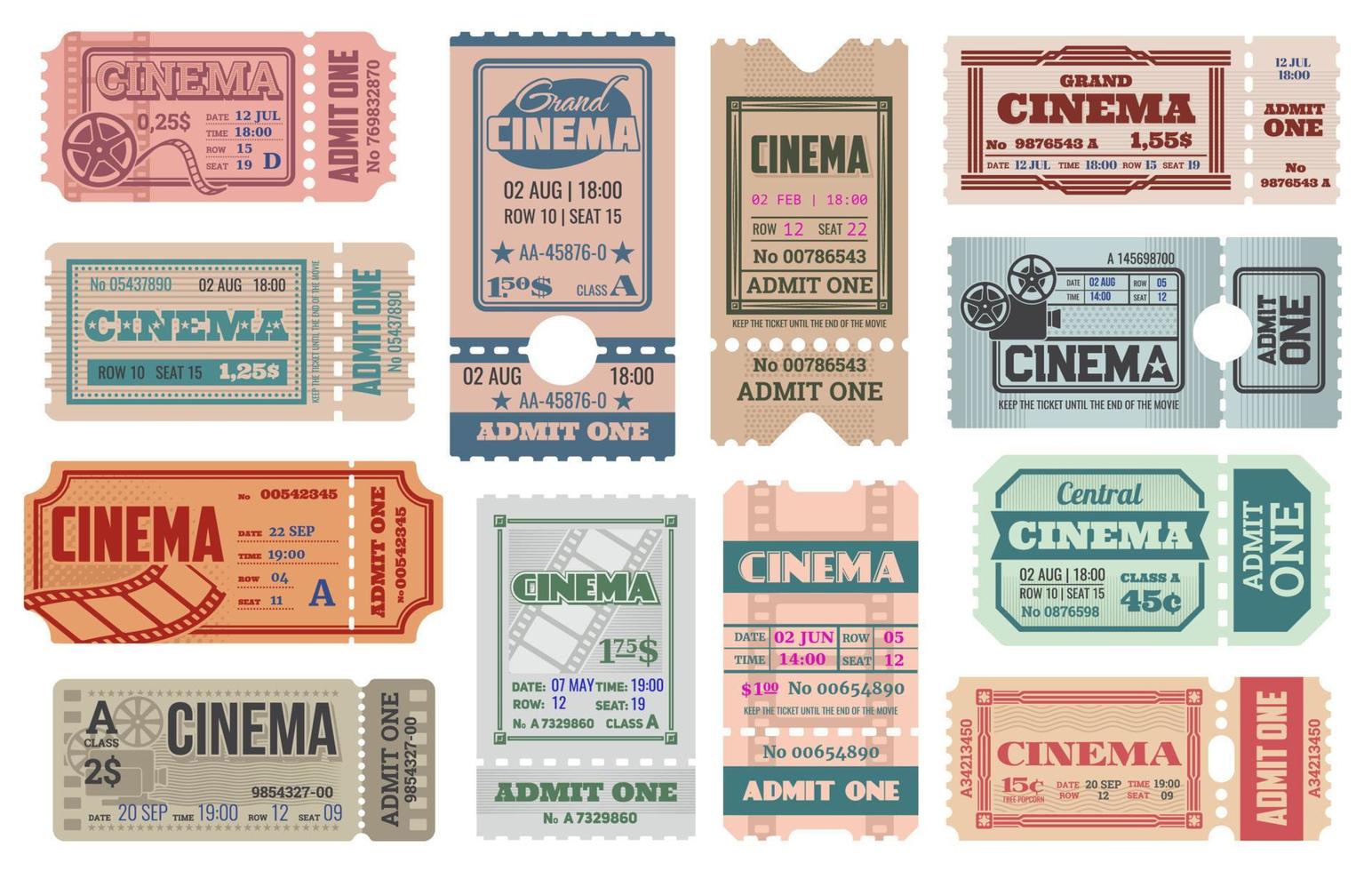 Cinema tickets templates, vector retro admits