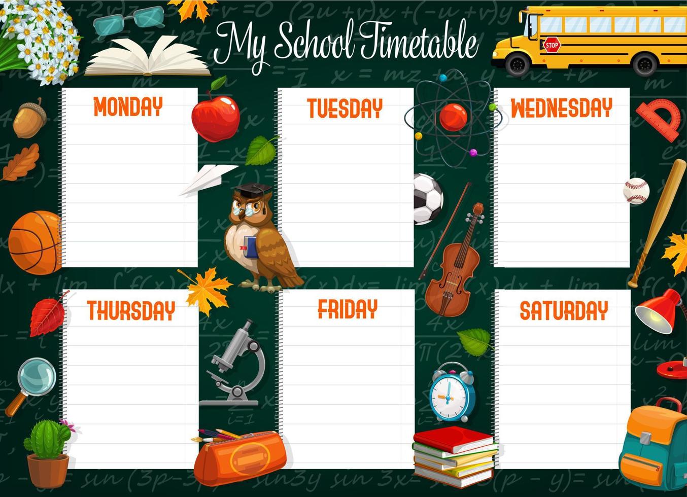 School timetable with student supplies and books vector