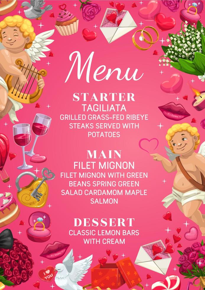 Menu on wedding day. Main courses, starter dessert vector