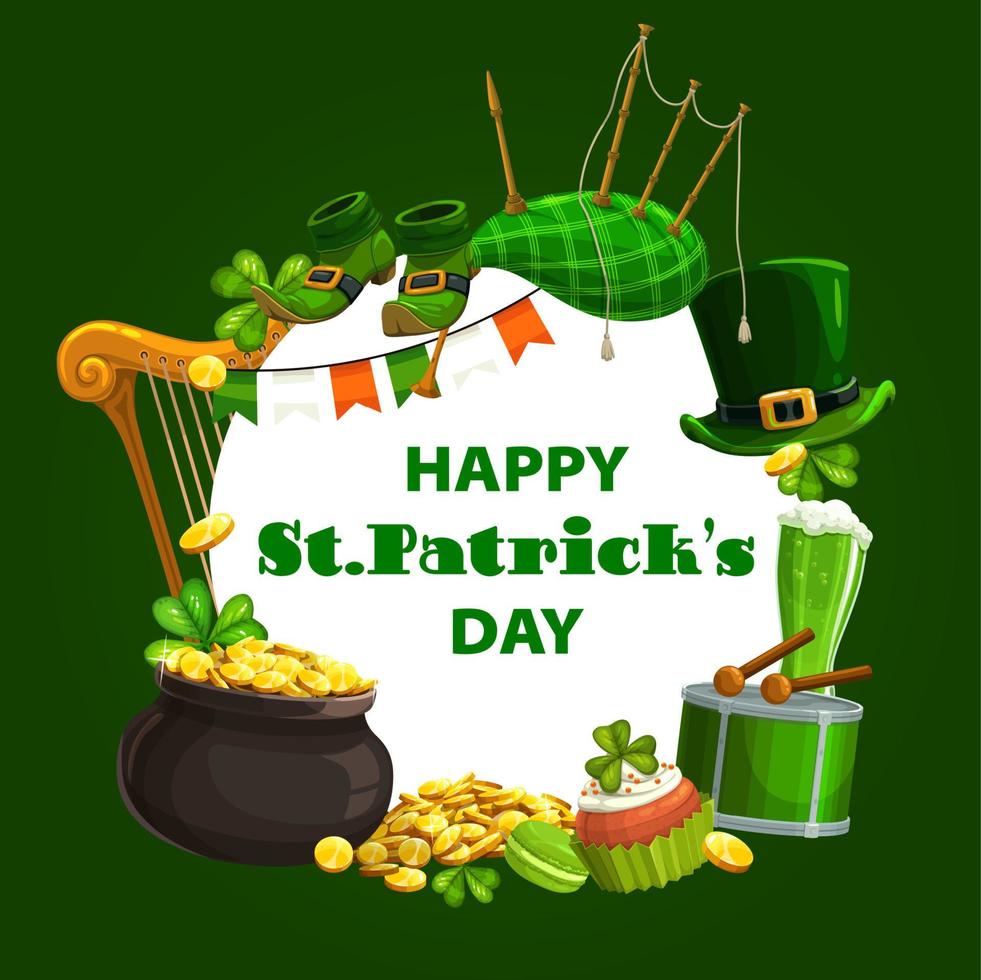 St Patrisk shamrock, Irish leprechaun pot of gold vector