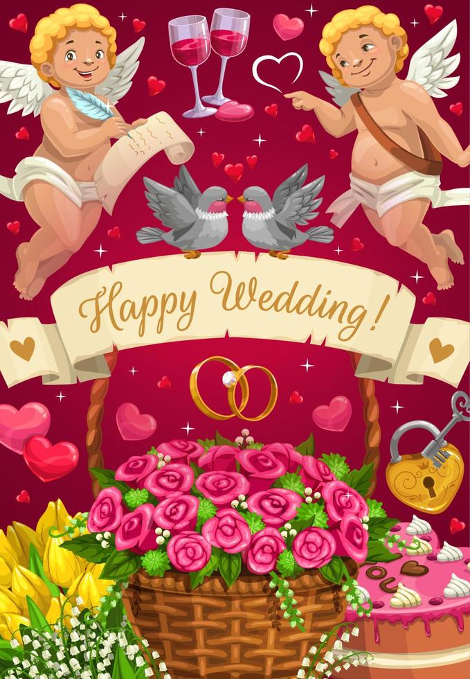 fiesta del día de la boda, cupidos, anillos, ramos de flores vector