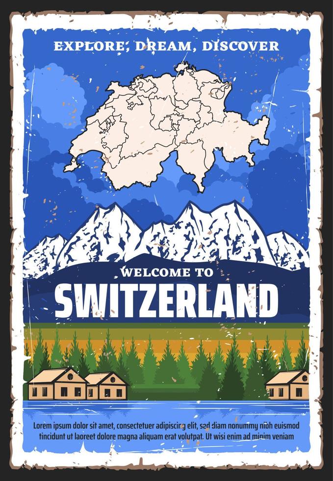 Switzerland travel, Swiss map and Alpine moutains vector