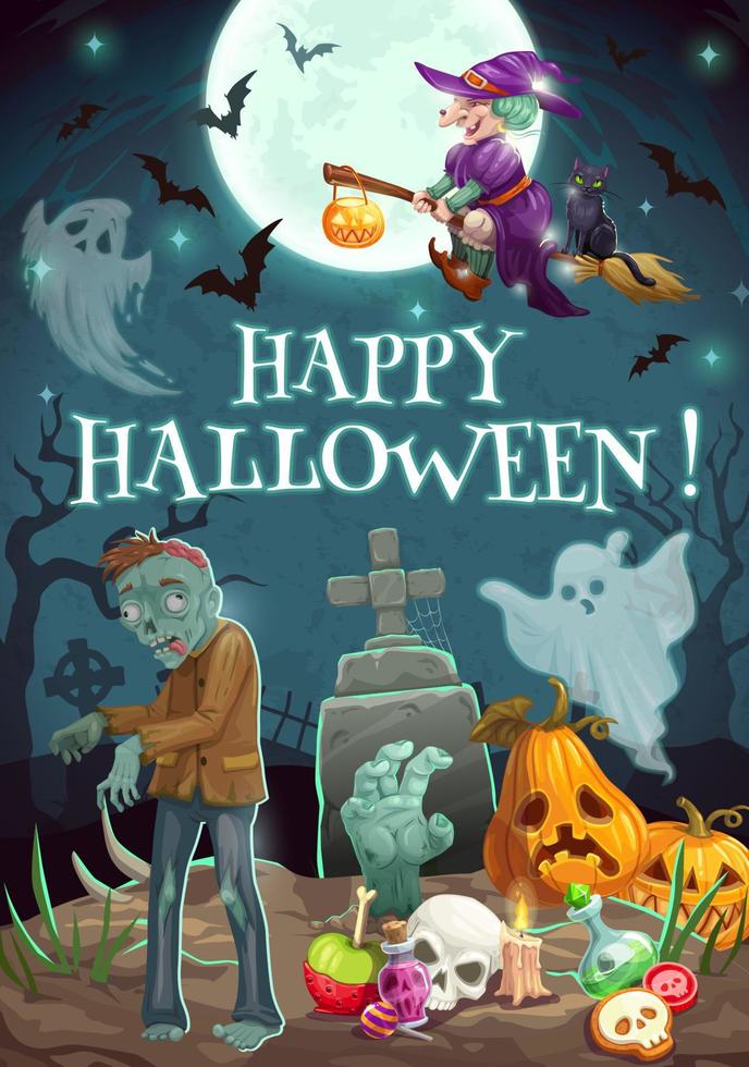 Halloween night, graveyard. Zombie ghosts, pumpkin vector
